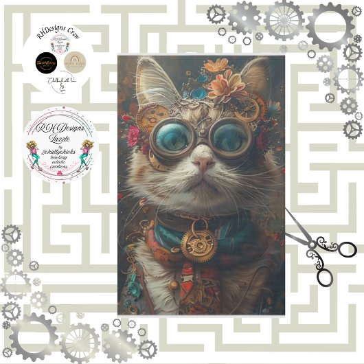 Steampunk Cat Guardian Aquamarin Orange Decoupage Seidenpapier