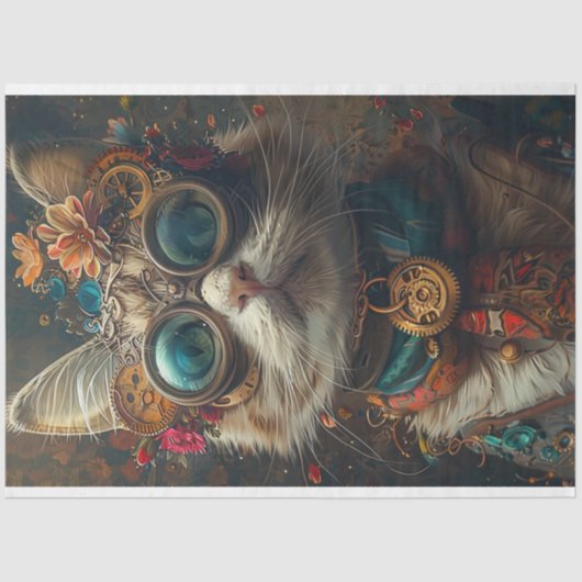 Steampunk Cat Guardian Aquamarin Orange Decoupage Seidenpapier (Vorderseite)