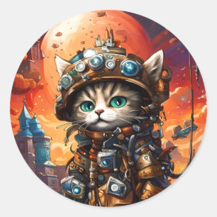 Steampunk Cat I Runder Aufkleber
