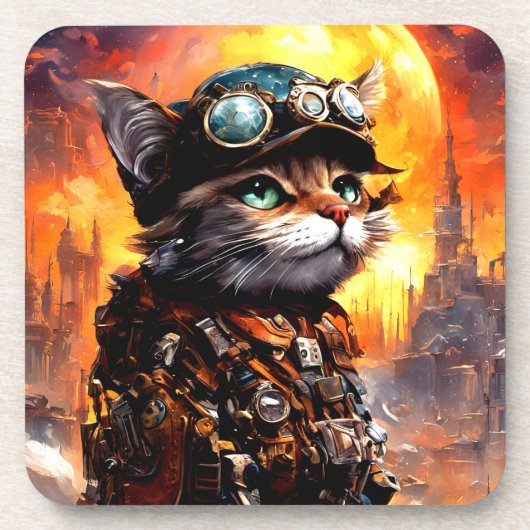 Steampunk Cat II Getränkeuntersetzer (Vorderseite)