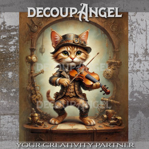 Steampunk Cat Playing Fiddle Decoupage Seidenpapier