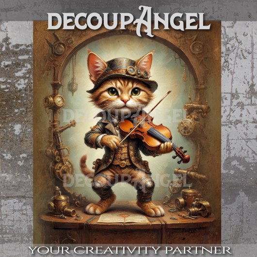 Steampunk Cat Playing Fiddle Decoupage Seidenpapier