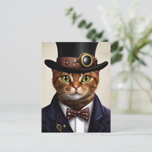 Steampunk Cat Postcard Postkarte (Stehend Vorderseite)