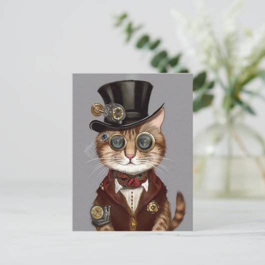 Steampunk Cat Postkarte (Stehend Vorderseite)