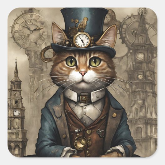 Steampunk Cat Quadratischer Aufkleber (Vorderseite)