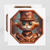 Steampunk Cat Soldier In 8 Sided Bronze Frame Einladung (Vorne/Hinten)