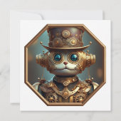 Steampunk Cat Soldier In 8 Sided Bronze Frame Einladung (Rückseite)