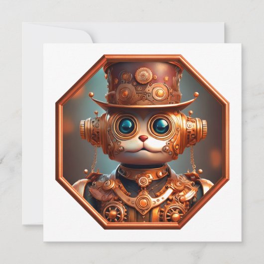 Steampunk Cat Soldier In 8 Sided Bronze Frame Einladung (Vorderseite)