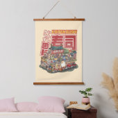 Steampunk Cat Sushi Restaurant Wandteppich Mit Holzrahmen (Schlafzimmer)