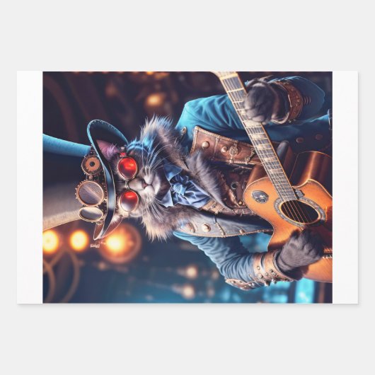 Steampunk cat: top hat, goggle, guitar - Decoupage Geschenkpapier Set (Vorderseite)