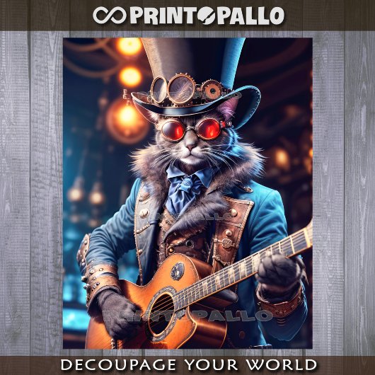 Steampunk cat: top hat, goggle, guitar - Decoupage Geschenkpapier Set