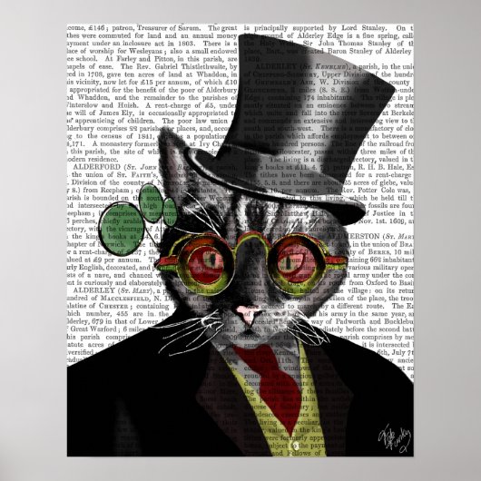 Steampunk Cat - Top Hut und rot-gelbe Brille Poster (Vorne)
