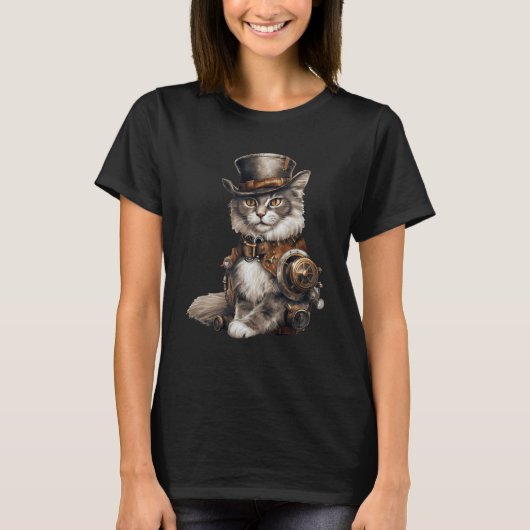 Steampunk Cat With Hat Graphic Design Cat  Fantasy T-Shirt (Vorderseite)