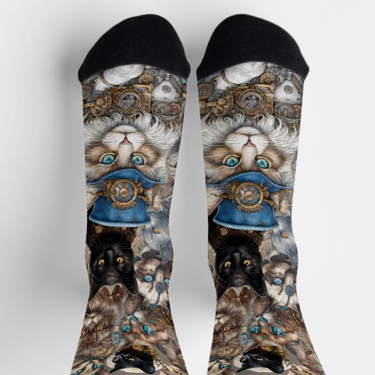 Steampunk Cats Themed Black Crew Socken (Oben)