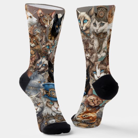 Steampunk Cats Themed Black Crew Socken (Gewinkelt)