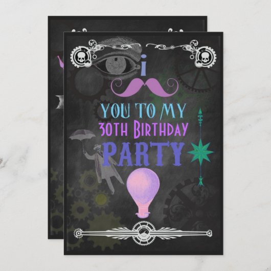 Steampunk-Chalkboard-Party Einladung (Vorne/Hinten)