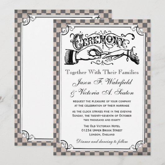 Steampunk-Checkboard Hochzeitsempfang Einladung (Vorne/Hinten)