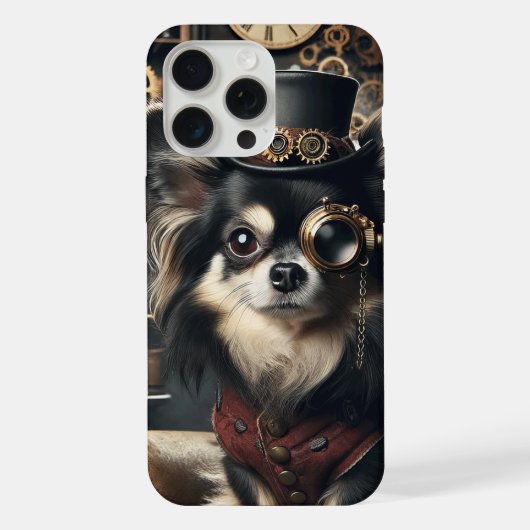 Steampunk Chihuahua Funny Long Haired Chi iPhone Hülle (Rückseite)