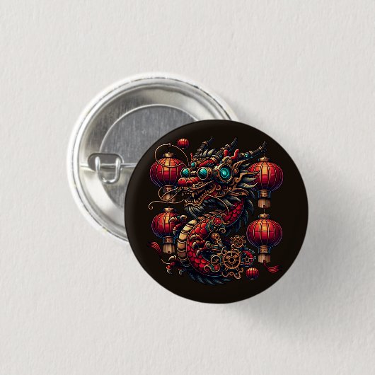 Steampunk Chinese New Year Dragon Button (Vorne & Hinten)