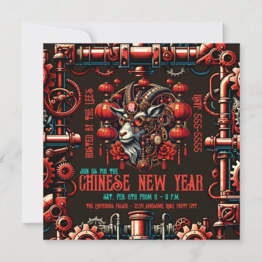 Steampunk Chinesisches Neujahrs Ziege Einladung (Vorderseite)