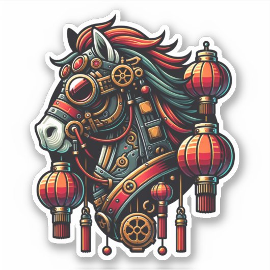 Steampunk Chinesisches Neujahrspferd Aufkleber (Vorderseite)