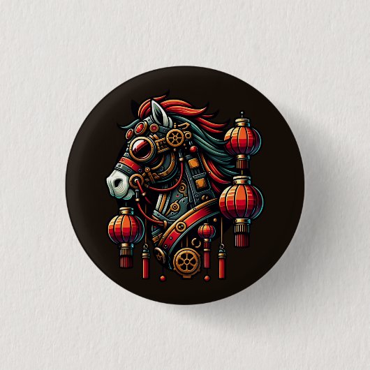 Steampunk Chinesisches Neujahrspferd Button (Vorderseite)
