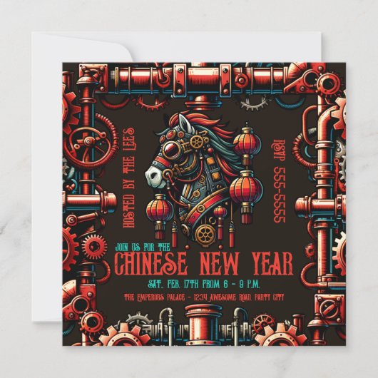 Steampunk Chinesisches Neujahrspferd Einladung (Vorderseite)
