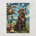 Steampunk Chocolate Labrador Van Gogh Postkarte<br><div class="desc">Ein Steampunk Schokolade Labrador und Enten mit der Sternennacht von Van Gogh im Hintergrund</div>