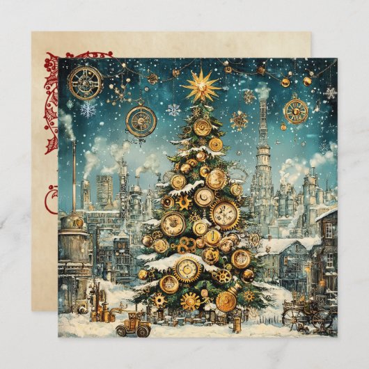 Steampunk Christmas Tree Grußkarte (Vorne/Hinten)