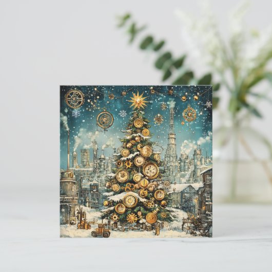 Steampunk Christmas Tree Grußkarte (Stehend Vorderseite)