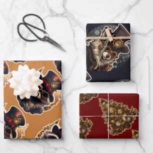 Steampunk Christmas Tree Wolf Raccoon 3 Patterns Geschenkpapier Set