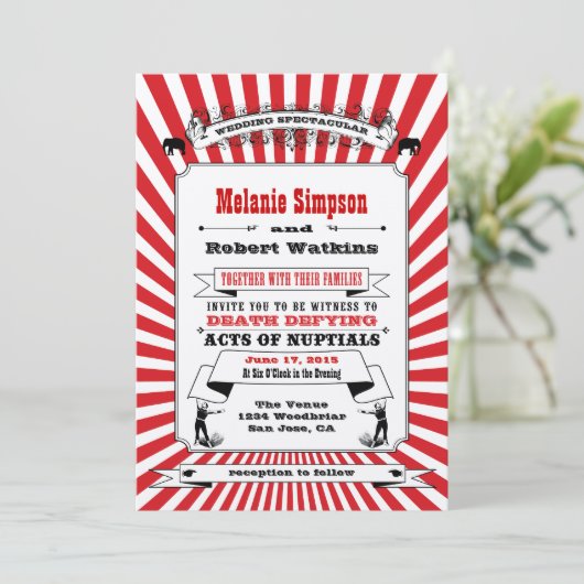 Steampunk Circus Hochzeit Einladung Rot (Stehend Vorderseite)