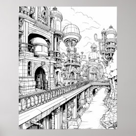Steampunk City Coloring Poster