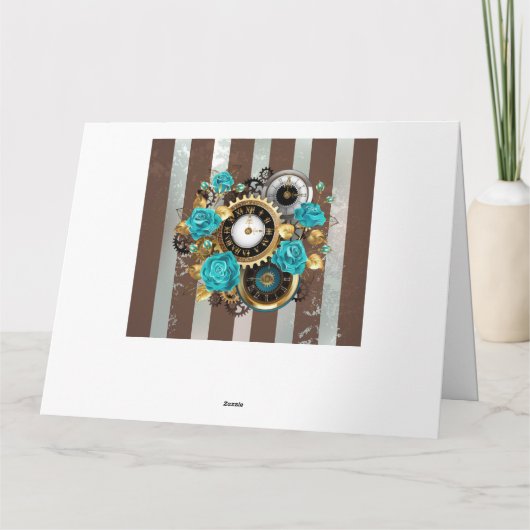Steampunk Clock and Turquoise Roses on Striped Dankeskarte (Rückseite)