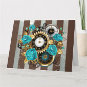 Steampunk Clock and Turquoise Roses on Striped Dankeskarte (Vorderseite)