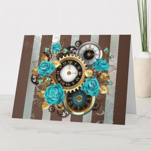 Steampunk Clock and Turquoise Roses on Striped Dankeskarte (Vorderseite)