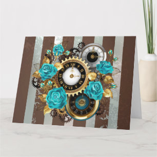 Steampunk Clock and Turquoise Roses on Striped Dankeskarte