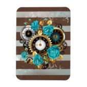 Steampunk Clock and Turquoise Roses on Striped Magnet (Vertikal)