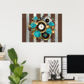 Steampunk Clock and Turquoise Roses on Striped Poster (Heimbüro)