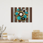Steampunk Clock and Turquoise Roses on Striped Poster (Küche)