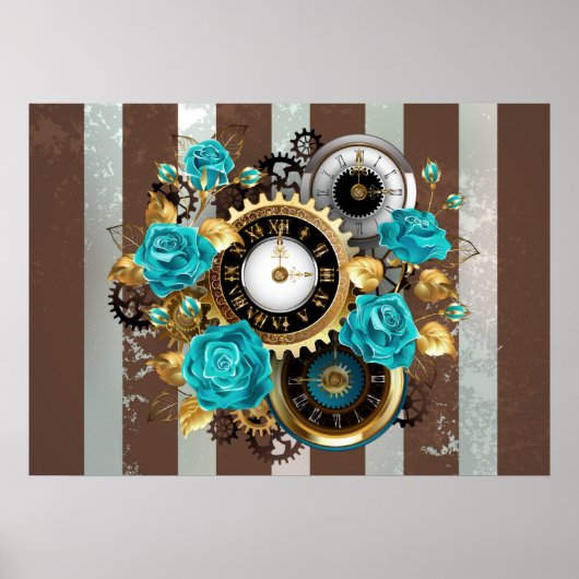 Steampunk Clock and Turquoise Roses on Striped Poster (Vorne)
