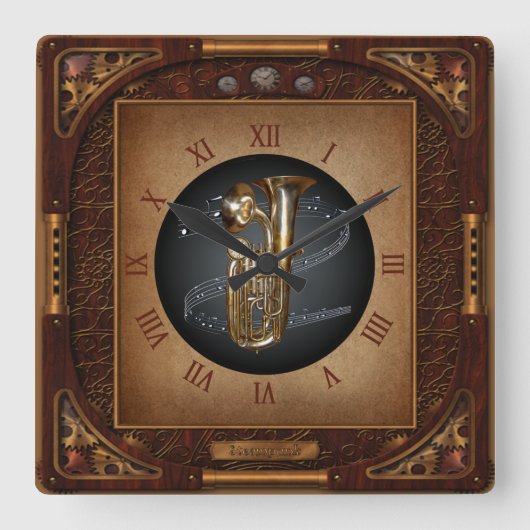 Steampunk Clock~Doublophone~Double Bell Euphonium~ Quadratische Wanduhr (Vorderseite)