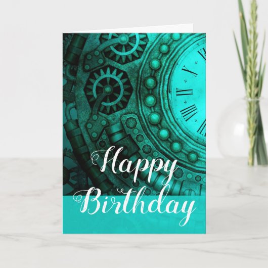Steampunk Clock & Gears Birthday Karte (Vorderseite)