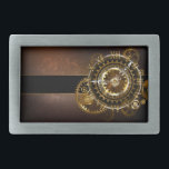 Steampunk clock rechteckige gürtelschnalle<br><div class="desc">Antike,  fantastische With Gold and Brass Gears haben wir Brown,  rusty background. Steampunk Stil.</div>