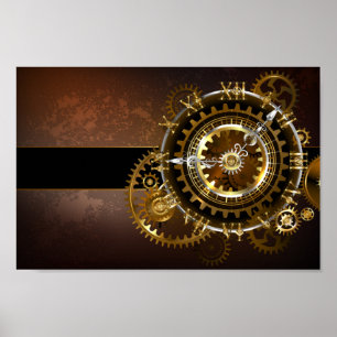 Steampunk clock with antique gears poster