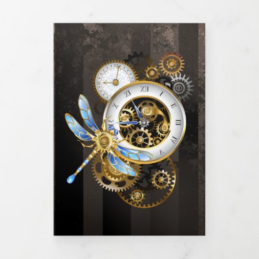 Steampunk Clock with Mechanical Dragonfly Dreifach Gefaltete Ankündigung (Cover)