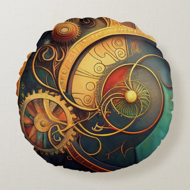 Steampunk Clockwork Abstract Design Rundes Kissen (Vorderseite)