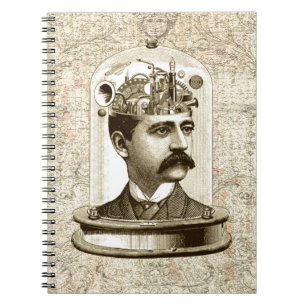 Steampunk clockwork brain head in jar notizblock