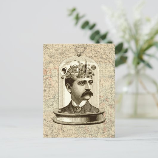Steampunk clockwork brain head in jar postkarte (Stehend Vorderseite)