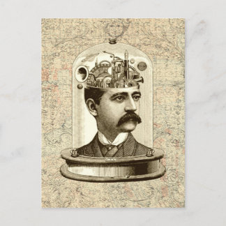 Steampunk clockwork brain head in jar postkarte